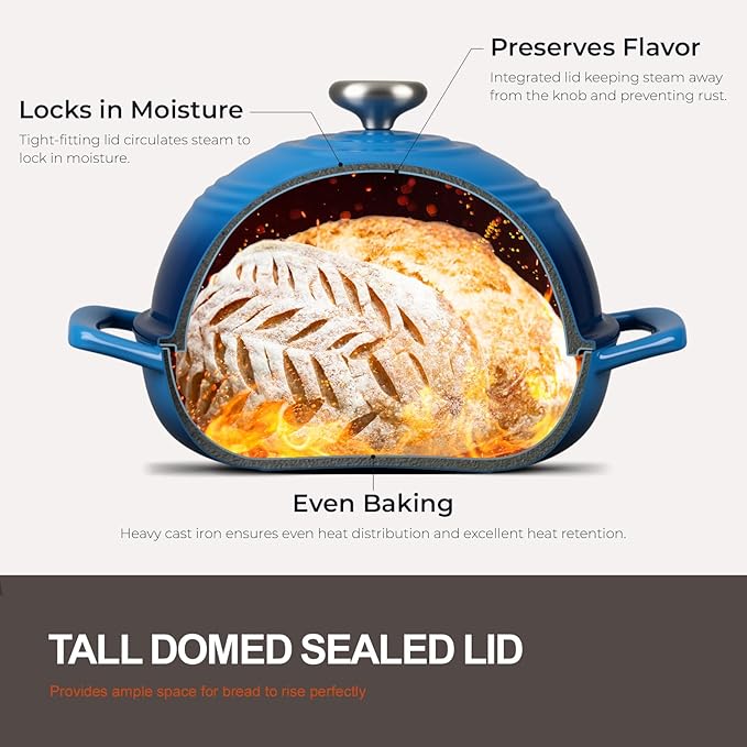 Overmont 6QT Enameled Cast Iron Bread Oven — Taller Body for Even Baking, Durable & Easy-to-Clean, Includes Dome Lid, Cotton Potholders & Cookbook, Perfect for Home Bakers & Sourdough Enthusiasts