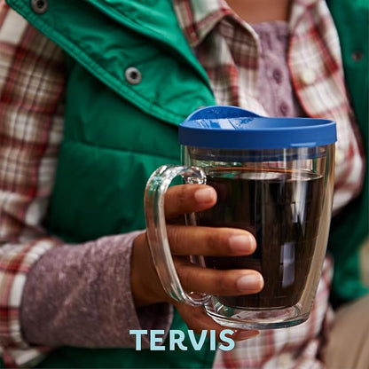 Tervis Clear & Colorful Lidded Made in USA Double Walled Insulated Tumbler Travel Cup Keeps Drinks Cold & Hot, 16oz Mug, Blue Lid