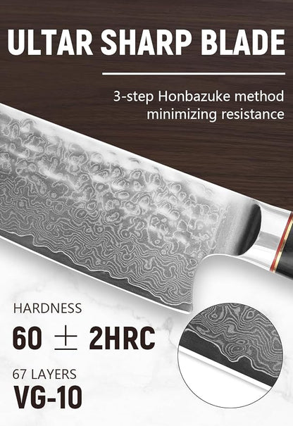 Kiritsuke Knife - 8 Inch Damascus Japanese Chef's Knife, 67 Layers Japanese VG-10 Gyuto Kitchen Cooking Knife - Ergonomic Handle