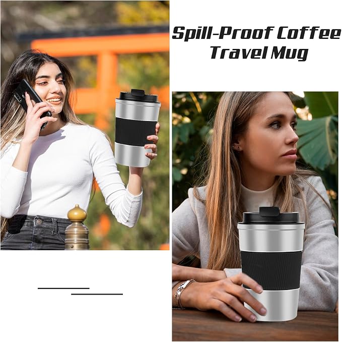 SPLMIFA Vacuum-Insulated Stainless Steel Travel Coffee Mug, Leak-Proof Reusable Coffee Cup with Lid -Keep Hot & Cold Drinks for Hours, Durable Insulated Tumbler for Men & Women(3rd-Silver black, 17OZ)