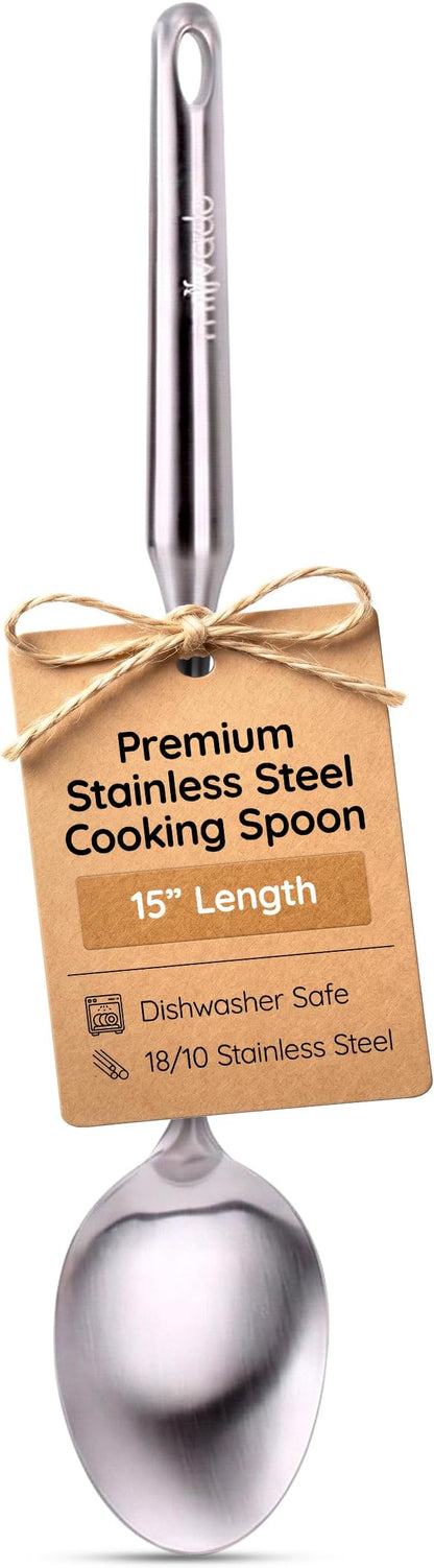 Millvado Stainless Steel Big Cooking Spoon, Kitchen Utensils and Gadgets, 15 Inch Large Spoon For for Cooking, Basting, Serving, Dishwasher Safe Metal Utensil, Durable, Solid Construction