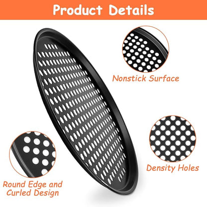 YOUNTHYE 6PCS Pizza Pan with Holes 12 inch Round Pizza Pan Set Nonstick Pizza Baking Pan Carbon Steel Pizza Tray Black Pizza Crisper Pan for Home Baking Kitchen