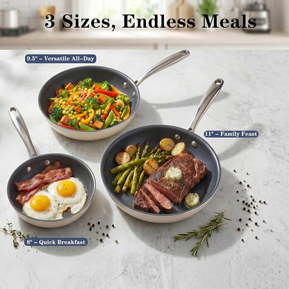 Ceramic Nonstick Frying Pan Set - 3-Piece Skillet Set (8", 9.5", 11"), PFOA & PFAS Free, Stay Cool Handle, Dishwasher Safe, Induction Compatible Cookware for Omelet, Sauté, Fry