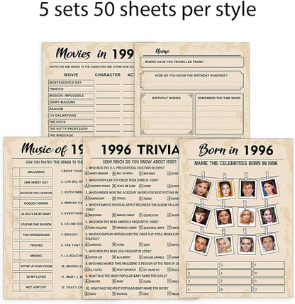 QUPT 30th Birthday Party Games, Born in 1996 Games Bundle, Set of 5 Activities for 10 Guests, Birthday Party Supplies for Adults, Pack of 50 Cards
