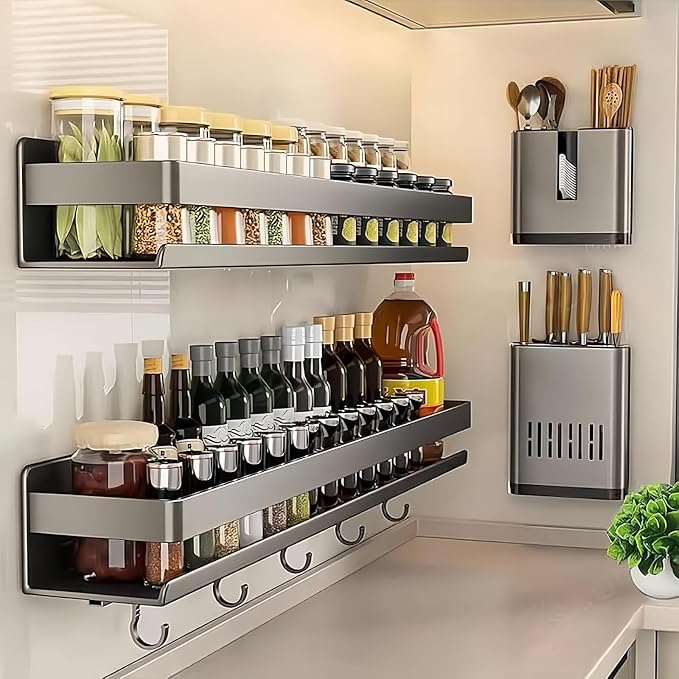 Adhesive Wall Mount Spice Rack Carbon Steel, No-Drill Dark Gray Wall Spice Racks for Kitchen, Multi-Purpose Spice Storage Organizer, Kitchen Bathroom Storage Shelf for Countertop Cabinet