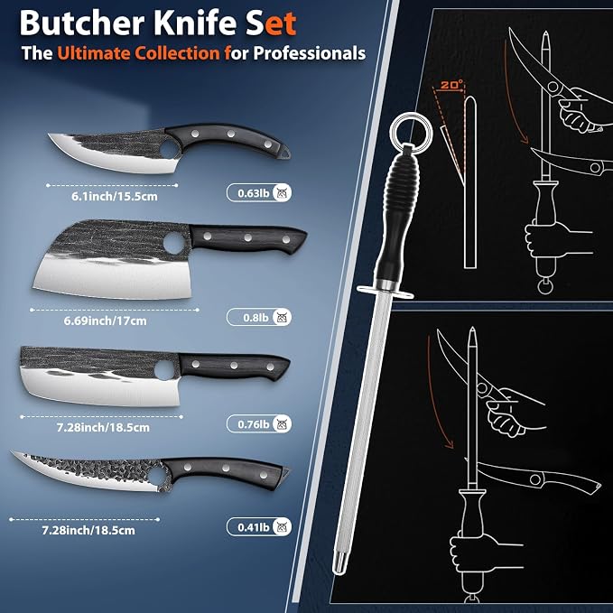TIVOLI Professional Butcher Knife Set for Meat Processing, 7Pcs High Carbon Steel Hand Forged BBQ Knife Sets, Serbian Chef Knife Set with Ergonomic Handle for Kitchen Outdoor Cooking Gifts