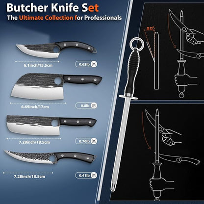 TIVOLI Professional Butcher Knife Set for Meat Processing, 7Pcs High Carbon Steel Hand Forged BBQ Knife Sets, Serbian Chef Knife Set with Ergonomic Handle for Kitchen Outdoor Cooking Gifts