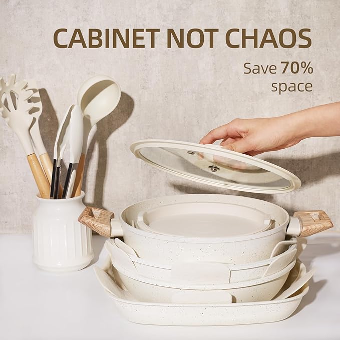 BECIGAR 23PCS Ceramic Pots and Pans Set,Nonstick, Removable Handle Pots and Pans Set, Stackable Pan Set, Ceramic Nonstick Pan Non Stick for Easy Cooking