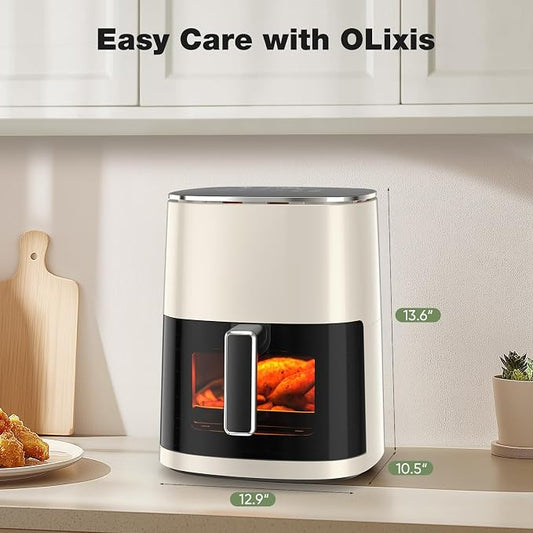 OLIXIS 12-in-1 Air Fryer 6.34 Quarts, Visable Airfryer with Window, 400°F, Roast, Reheat, Dehydrate, Bake, Steam, Fries, Custard, Chicken, Wings, Sea Food, Vegetabels, Pearl White