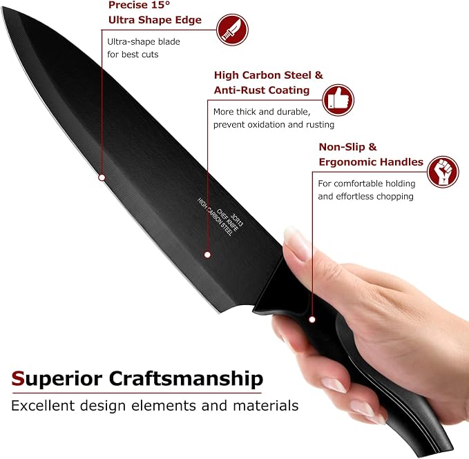 LIANYU Kitchen Knife Set with Block and Sharpener, 15 Pieces Knife Block Set, High Carbon Stainless Steel Chef Knife Set, Includes Utility Paring Santoku Steak Knife, Sharp&Rust Resistant, Black