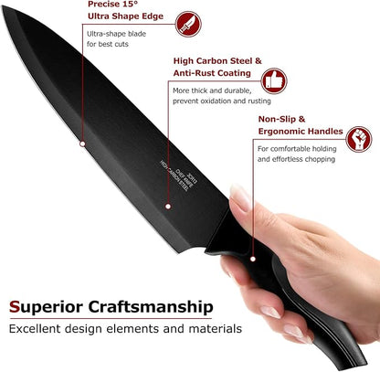 LIANYU Kitchen Knife Set with Block and Sharpener, 15 Pieces Knife Block Set, High Carbon Stainless Steel Chef Knife Set, Includes Utility Paring Santoku Steak Knife, Sharp&Rust Resistant, Black