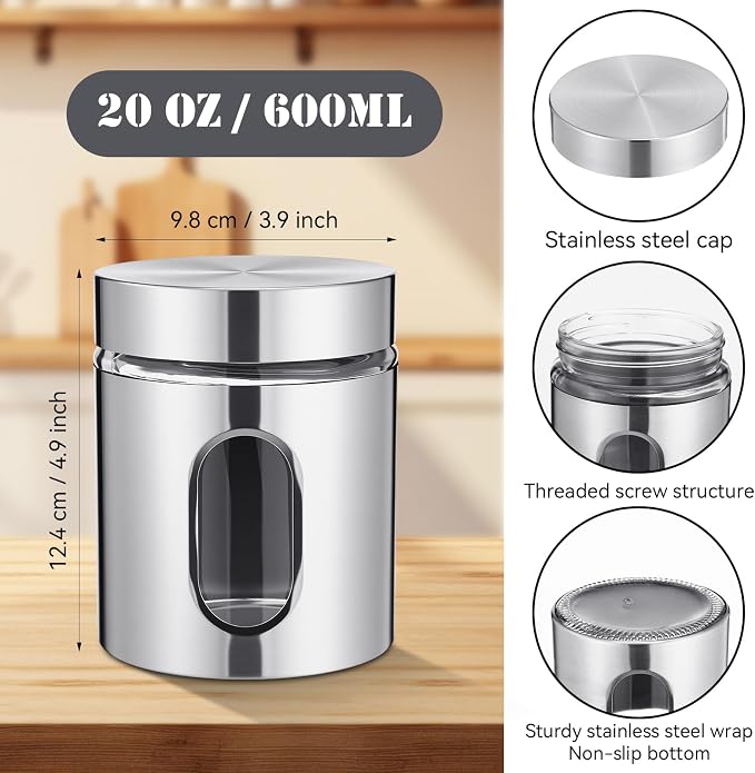 Mimorou 3 Pcs Stainless Steel Canister Set with Glass Windows Visible Storage Jars Silver Kitchen Canister Set for Pasta Flour Oat Sugar Container, Kitchen Tools, Housewarming Gifts (20 oz)
