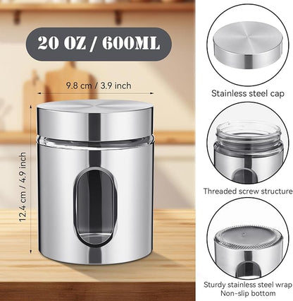 Mimorou 3 Pcs Stainless Steel Canister Set with Glass Windows Visible Storage Jars Silver Kitchen Canister Set for Pasta Flour Oat Sugar Container, Kitchen Tools, Housewarming Gifts (20 oz)
