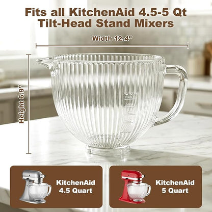 Glass Mixer Bowl for KitchenAid 4.5 and 5 Quart Tilt-Head Stand Mixers, 5 qt Mixing Bowl for Kitchen Aid With Measurement Markings & Handle