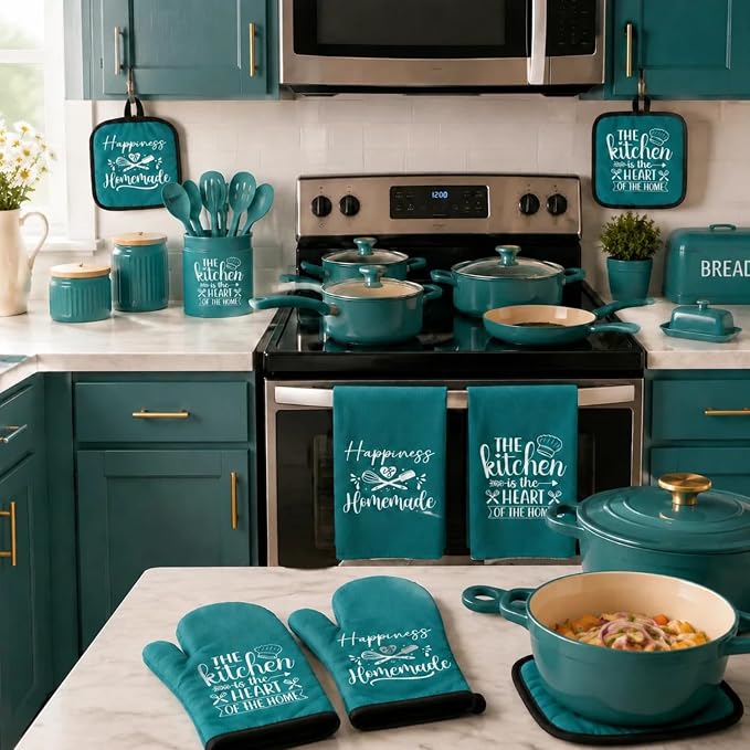 Sratte 6 Pcs Kitchen Decor Accessories Set Farmhouse Towels Pot Holders Oven Mitts Set 2 Dish Towels 2 Potholders 2 Cooking Mittens Oven Glove for Christmas Baking Cooking Supply(Teal,Kitchen)
