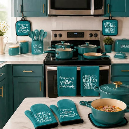 Sratte 6 Pcs Kitchen Decor Accessories Set Farmhouse Towels Pot Holders Oven Mitts Set 2 Dish Towels 2 Potholders 2 Cooking Mittens Oven Glove for Christmas Baking Cooking Supply(Teal,Kitchen)