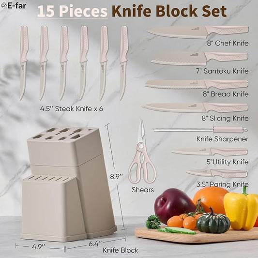 E-far Knife Set, 15-Piece Kitchen Knife Block Set with Sharpener, High Carbon Steel Chef Paring Steak Knives with Ergonomic Non-Slip Handle, Anti-Rust & Razor Sharp, Khaki