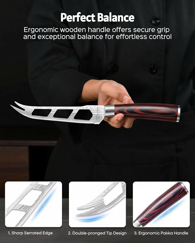 PAUDIN Cheese Knife, 5 Inch Serrated Knife, Multi-Use Tomato Knives with Ergonomic Pakkawood Handle, High Carbon Steel Ultra Sharp Small Kitchen Knives