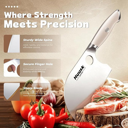 Huusk 2PC Butcher Knife Set - Ultra Sharp Serbian Chef Knife & Full Tang Bone Cleaver with Ivory White Handle, Heavy Duty Japanese Kitchen Axe Premium Gift for Women Men