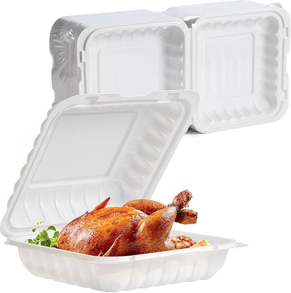 White To Go Containers 8" 34 oz 55 Pack - Shrink Wrap Ready to Use | Mineral Filled PP BPA Free Clamshell Boxes | Food Grade Freezer Microwave Dishwasher Safe | Bulk for Catering & Restaurants