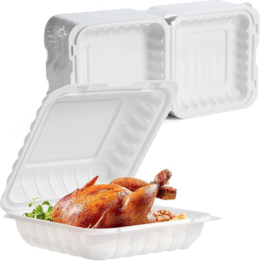White To Go Containers 8" 34 oz 55 Pack - Shrink Wrap Ready to Use | Mineral Filled PP BPA Free Clamshell Boxes | Food Grade Freezer Microwave Dishwasher Safe | Bulk for Catering & Restaurants