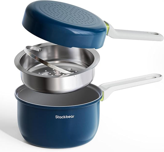 Ceramic Non Stick Sauce Pan, 2.5QT Saucepan with Frying Pan as Lid, Steamer Pot for Cooking, Induction Cookware Set, PTFE, PFOA & PFAS Free, Drak Blue