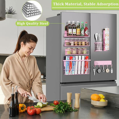 Magnetic Spice Rack for Refrigerator, 7 Pack Magnetic Fridge Shelf for Kitchen Organization Storage, Moveable Spice Organizer W/Paper Towel Holder, Utensil Caddy, Cutting Board Rack (Pink)