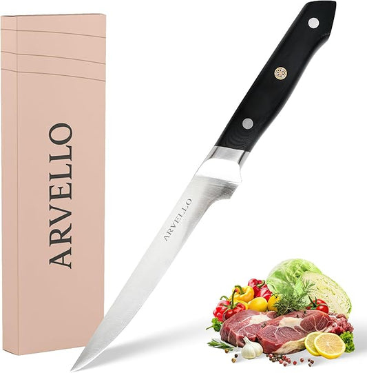 Arvello Boning Knife - 7-Inch Professional Deboning & Meat Trimming Knife for Home Cooking, Culinary Use - Full Tang High Carbon German Steel Blade, 58 HRC Ultra-Sharp Edge, Dishwasher-Safe G10 Handle