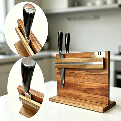 Large Magnetic Knife Holder - 14.5 x 11" Double-Sided Acacia Wood Block with Built-in Sharpener, Holds 14+ Knives, Premium Kitchen Counter Organizer for Professional Chefs