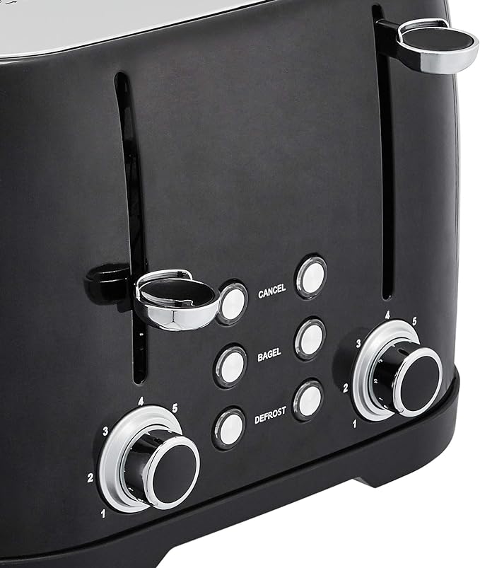 Amazon Basics 4 Slice Toaster with 4 Slots, 6 Browning Settings, Defrost, Removable Crumb Tray, Bagel Function, Cancel Button, 1600W, Black