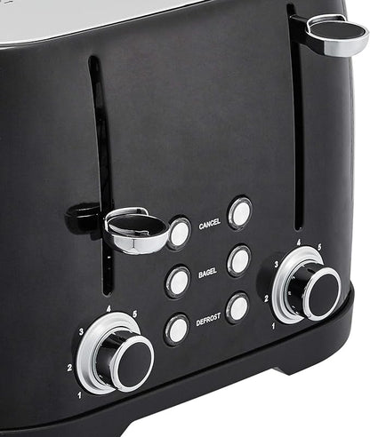 Amazon Basics 4 Slice Toaster with 4 Slots, 6 Browning Settings, Defrost, Removable Crumb Tray, Bagel Function, Cancel Button, 1600W, Black
