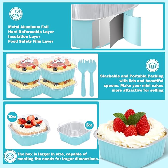 20 Pack 10oz Mini Cake Pans With Lids, Aluminum Foil Square Brownie Baking Cups,Disposable 4”x4” Large Cupcake Pan,Jumbo Muffin Tin Ramekins Holders-Blue