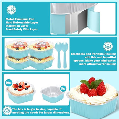 20 Pack 10oz Mini Cake Pans With Lids, Aluminum Foil Square Brownie Baking Cups,Disposable 4”x4” Large Cupcake Pan,Jumbo Muffin Tin Ramekins Holders-Blue