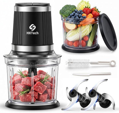 Food Processor Set: 2-Speed Electric Food Chopper with 2 Bowls (4 Cup+4 Cup), Vegetable Chopper with 2 Pack 420 Stainless Steel 4-Layer Blades, Meat Grinder for Meat, Fruits, Baby Food,Pet Food
