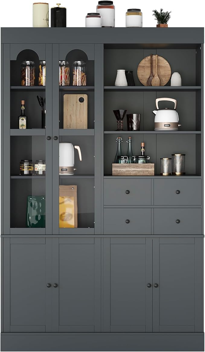 VilroCaz 75'' Tall Freestanding Kitchen Pantry Cabinet, Wood Large Cupboard Storage Buffet with Hutch, 4 Drawers, Door Shelves and Pull-Out Trays for Dining Room, Living Room (Gray-10.13)