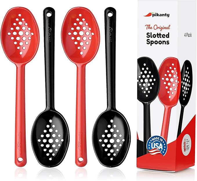 Olive and Pickle Spoon Set of 4, 7-Inch Small Slotted Serving Utensils for Jars, Red and Black, Perfect for Olives, Pickles, Capers, Pepperoncini, Cherries, Dishwasher Safe, Made in USA by Pikanty