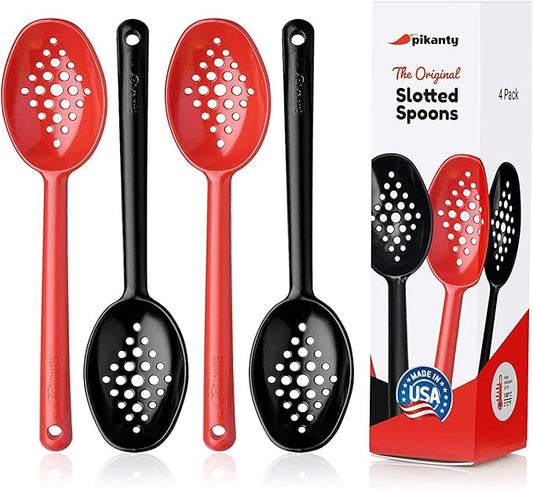 Olive and Pickle Spoon Set of 4, 7-Inch Small Slotted Serving Utensils for Jars, Red and Black, Perfect for Olives, Pickles, Capers, Pepperoncini, Cherries, Dishwasher Safe, Made in USA by Pikanty