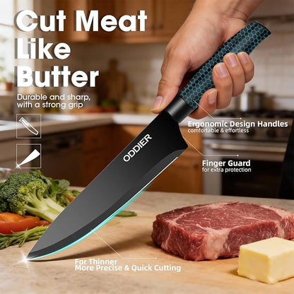 Knife Set, 10 Piece Kitchen Knife Set with Block and Sharpener, Anti-Rust Stainless Steel Knives Set for Kitchen, Chef Universal Knife Block Set, Dishwasher Safe, Ergonomical Design, Black