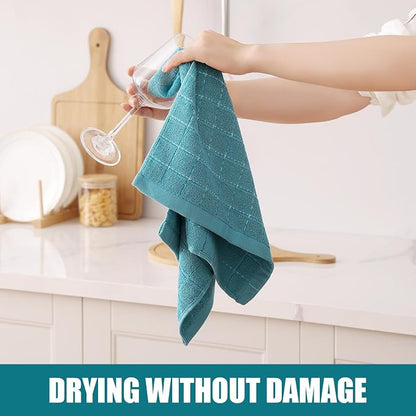 Homaxy 100% Cotton Terry Kitchen Towels(Lake Blue, 13 x 28 inches), Checkered Designed, Soft and Super Absorbent Dish Towels, 4 Pack