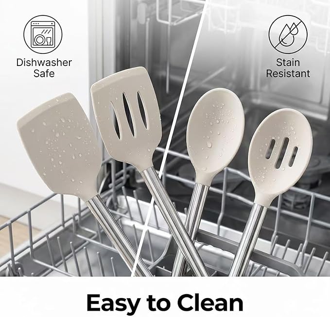 Vayvnt 4 Pieces Silicone Kitchen Spatula Utensils Set, Silicone Cooking Utensils for Non-Stick Cookware, Heat Resistant Silicone Utensils for Cooking, Kitchen Spatula Turner, Dishwasher Safe, Khaki