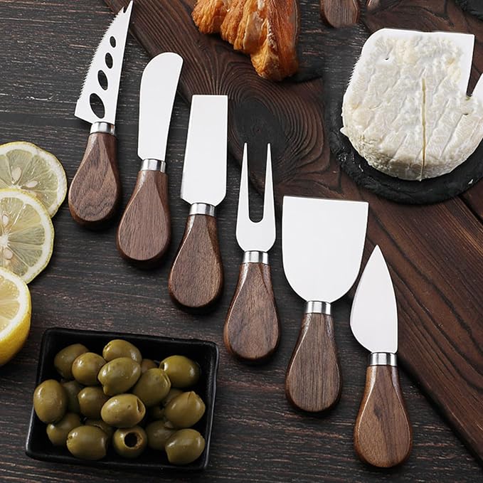 6 Piece Cheese Knives Set with Wooden Handle, Mini Steel Stainless Cheese knife set for Charcuterie and Cheese spread, Perfect for Cheese Slicer and Butter Cutter (Walnut wood, S)