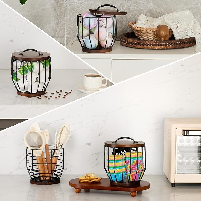Yangbaga Coffee Filter Holder with Wood Lid,Wood and Metal Coffee Filter Storage Container Basket for Coffee Filters 2-4 Cup,Round Coffee Filter Holder Case for Counter,Coffee Bar Accessories decor