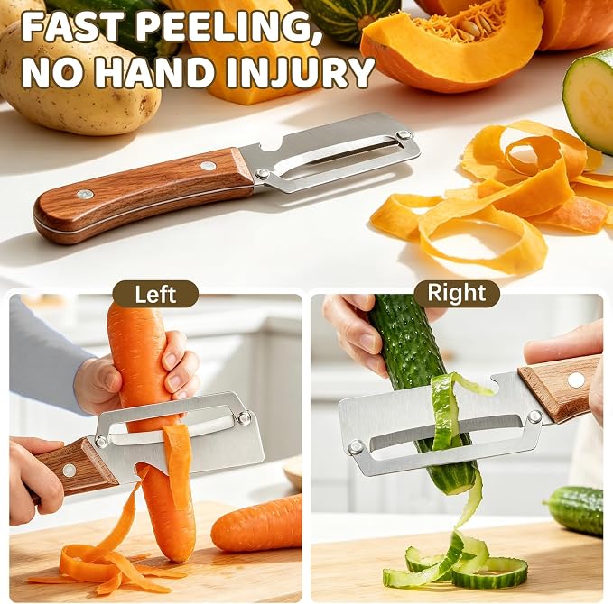2 Pack 2-in-1 Vegetable Peeler with Bottle Opener - Stainless Steel Blade, Wooden Handle, Heavy Duty Peeler for Potato, Carrot, Pineapple, Pumpkin, Sugarcane(Left and Right Combo)