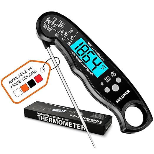 KULUNER Digital Meat Thermometer Instant Read, Waterproof Probe with Backlight & Calibration, Ultra Fast 2-3s Reading, Stainless Steel Kitchen Food Thermometer for Grilling BBQ Cooking Candy - Black