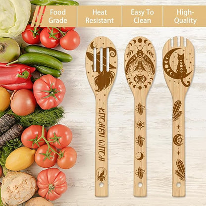 GLOBLELAND 6 Pcs Witchcraft Wooden Spoons Utensil Set Divination Bamboo Carving Kitchen Cooking Utensils Magic Wooden Engraved Cooking Spatula Set for Kitchen Fun House Warming Gift