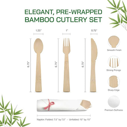 Prerolled Disposable Bamboo Cutlery Set – 25 Pack Pre Wrapped Silverware and Napkin Bundle with Forks, Knives, Spoons for Parties, Weddings, Events, and BBQ (Pink String)