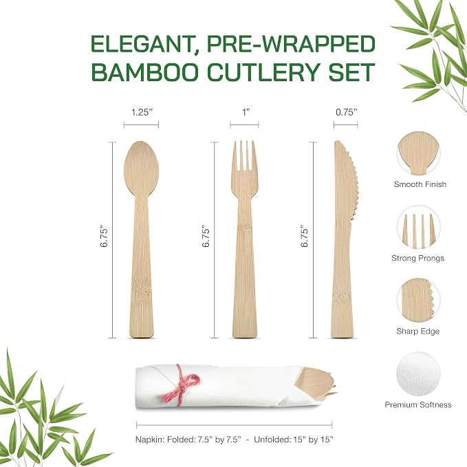 Prerolled Disposable Bamboo Cutlery Set – 50 Pack Pre Wrapped Silverware and Napkin Bundle with Forks, Knives, Spoons for Parties, Weddings, Events, and BBQ (Pink String)