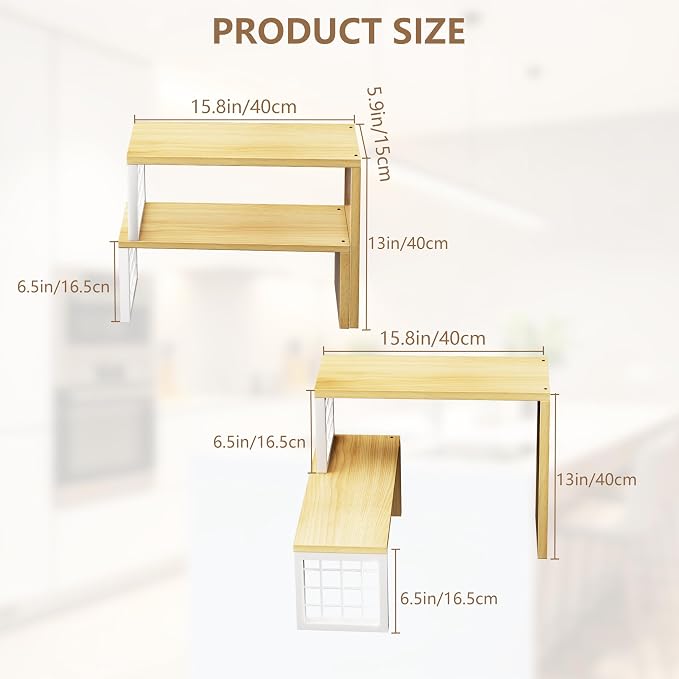 Kitchen Countertop Organizer, 2 Tier Spice Rack, Adjustable Cabinet Organizer Shelf, Corner Counter Shelf for Kitchen, Pantry, Coffee Station, Stackable, Expandable, Beige