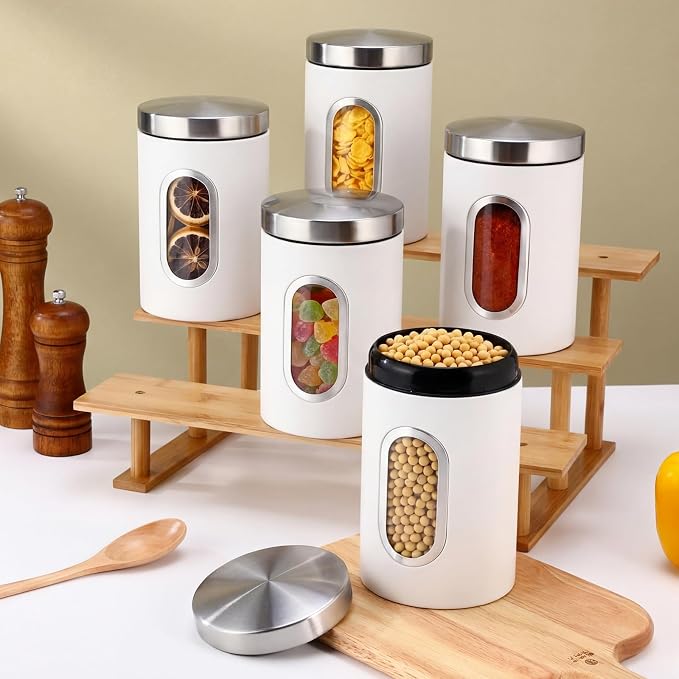 Zopeal 6 Pack White Canisters Sets For The Kitchen With See Through Window Stainless Steel Food Storage Canister Set Metal Jar for Kitchen Counter for Coffee Tea Candy Cookie