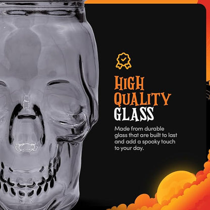 DURA LIVING Set of 2 Skull Mason Jar Glasses with Lids | 16oz Reusable Halloween Drinking Glasses | Unique Skull Décor, Storage, & Canning Jars for Parties & Gifts